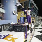 Denny Hamlin celebrates after winning a NASCAR Cup Series auto race Sunday, June 14, 2020, in Homestead, Fla. (AP Photo/Wilfredo Lee)