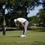 Coilin Morikawa misses a putt on the 17th green during a playoff round at the Charles Schwab Challenge golf tournament at the Colonial Country Club in Fort Worth, Texas, Sunday, June 14, 2020. Daniel Berger won the tournament after one playoff hole. (AP Photo/David J. Phillip)