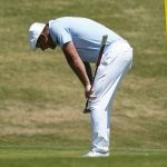 Bryson DeChambeau reacts after missing a birdie putt on the 16th hole during the final round of the Charles Schwab Challenge golf tournament at the Colonial Country Club in Fort Worth, Texas, Sunday, June 14, 2020. (AP Photo/David J. Phillip)