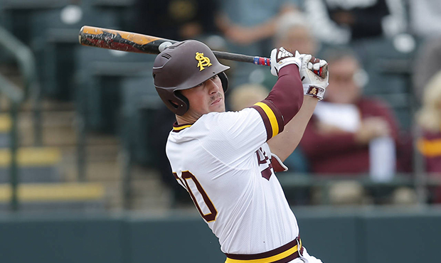 FILE - In this Feb. 17, 2019, file photo, Arizona State's Spencer Torkelson bats during an NCAA col...