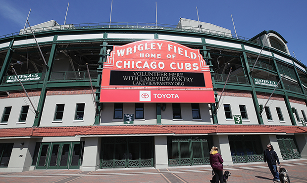 CHICAGO, ILLINOIS - APRIL 16: A general view of the marquee outside of Wrigley Field on April 16, 2...