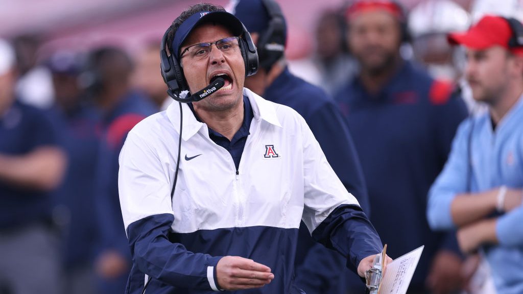 Head coach Jedd Fisch of the Arizona Wildcats reacts on the sidelines during the first half against...