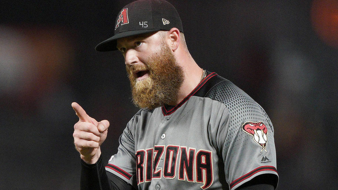 Arizona Diamondbacks pitcher Archie Bradley points to a teammate after the team's 3-2 victory over ...
