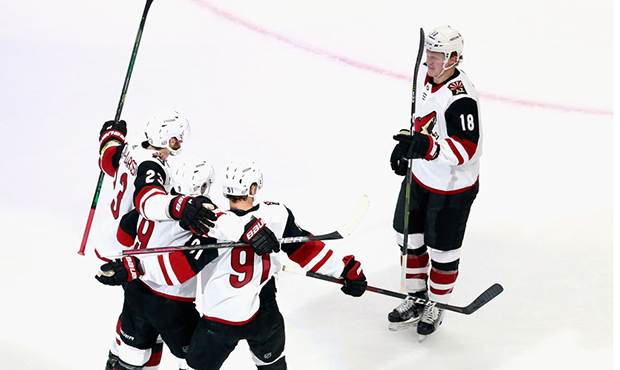 Clayton Keller #9 of the Arizona Coyotes celebrates his power-play goal at 15:42 of the first perio...