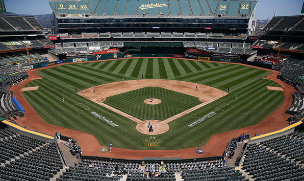 A general view of play between the Oakland Athletics and the Texas Rangers at Oakland-Alameda Count...
