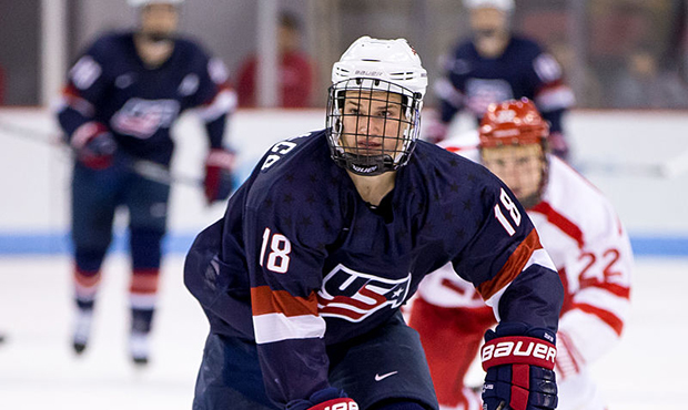 Josh Maniscalco #18 of the U.S. National Under-18 Team skates against the Boston University Terrier...