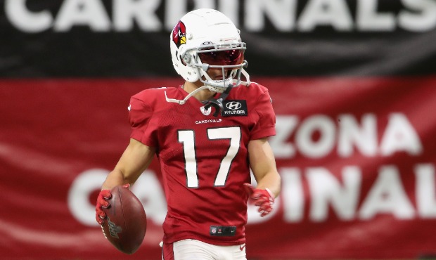 Wide receiver Andy Isabella #17 of the Arizona Cardinals runs with the football during the Red & Wh...