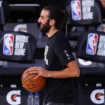 Phoenix Suns' Ricky Rubio warms up prior to an NBA basketball game against the Indiana Pacers Thursday, Aug. 6, 2020, in Lake Buena Vista, Fla. (Kevin C. Cox/Pool Photo via AP)