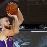 Phoenix Suns' Frank Kaminsky hits a three point shot against the Los Angeles Clippers during an NBA basketball game Tuesday, Aug. 4, 2020, in Lake Buena Vista, Fla. (Kevin C. Cox/Pool Photo via AP)