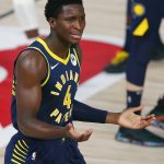 Indiana Pacers' Victor Oladipo reacts after being charged with a foul during the first half of an NBA basketball game against the Phoenix Suns Thursday, Aug. 6, 2020, in Lake Buena Vista, Fla. (Kevin C. Cox/Pool Photo via AP)