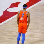 Oklahoma City Thunder's Darius Bazley looks on during the first half of an NBA basketball game Monday, Aug. 10, 2020, in Lake Buena Vista, Fla. (Mike Ehrmann/Pool Photo via AP)