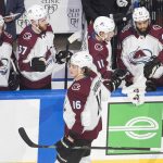 Colorado Avalanche's Nikita Zadorov (16) celebrates a goal against the Arizona Coyotes during second-period NHL Western Conference Stanley Cup playoff hockey game action in Edmonton, Alberta, Monday, Aug. 17, 2020. (Jason Franson/The Canadian Press via AP)