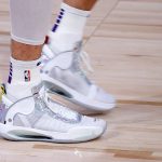 The shoes of Phoenix Suns' Frank Kaminsky are seen prior to the start of an NBA basketball game against the Indiana Pacers Thursday, Aug. 6, 2020, in Lake Buena Vista, Fla. (Kevin C. Cox/Pool Photo via AP)