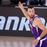 Phoenix Suns' Frank Kaminsky celebrates after hitting a three point shot against the Los Angeles Clippers during an NBA basketball game Tuesday, Aug. 4, 2020, in Lake Buena Vista, Fla. (Kevin C. Cox/Pool Photo via AP)