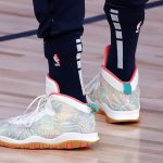 The shoes of Indiana Pacers' Victor Oladipo  are seen prior to the start of an NBA basketball game against the Phoenix Suns Thursday, Aug. 6, 2020, in Lake Buena Vista, Fla. (Kevin C. Cox/Pool Photo via AP)
