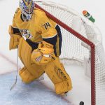 Nashville Predators' goalie Juuse Saros (74) is scored on by the Arizona Coyotes during first-period NHL hockey Stanley Cup qualifying round game action in Edmonton, Alberta, Sunday, Aug. 2, 2020. (Jason Franson/The Canadian Press via AP)