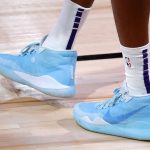 The shoes of Indiana Pacers' Mikal Bridges are seen during the first half of an NBA basketball game against the Phoenix Suns Thursday, Aug. 6, 2020, in Lake Buena Vista, Fla. (Kevin C. Cox/Pool Photo via AP)