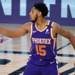 Phoenix Suns' Cameron Payne (15) celebrates after hitting a three point shot during the first half of an NBA basketball game against the Los Angeles Clippers Tuesday, Aug. 4, 2020, in Lake Buena Vista, Fla. (Kevin C. Cox/Pool Photo via AP)