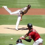 San Diego Padres starting pitcher Dinelson Lamet (29) pitches to Arizona Diamondbacks second baseman Ketel Marte (4) in the first inning of a baseball game Sunday, Aug. 9, 2020, in San Diego. (AP Photo/Derrick Tuskan)