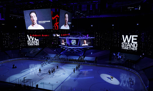 A video message about racism is played before an NHL hockey Stanley Cup playoff game between the Bo...
