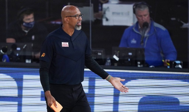 Phoenix Suns head coach Monty Williams reacts during the second half of an NBA basketball game agai...