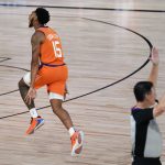 Phoenix Suns guard Cameron Payne (15) reacts after hitting a three point shot against the Dallas Mavericks during the second half of an NBA basketball game Sunday, Aug. 2, 2020, in Lake Buena Vista, Fla. (AP Photo/Ashley Landis, Pool)