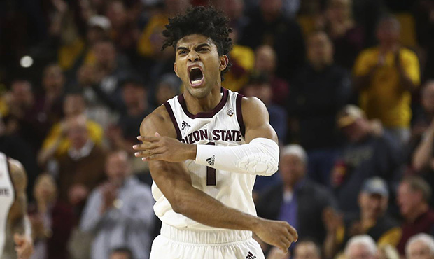 Arizona State guard Remy Martin celebrates a score against Arizona during the second half of an NCA...