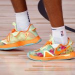 The shoes of Phoenix Suns' Cameron Johnson are seen during the first half of an NBA basketball game against the Indiana Pacers Thursday, Aug. 6, 2020, in Lake Buena Vista, Fla. (Kevin C. Cox/Pool Photo via AP)