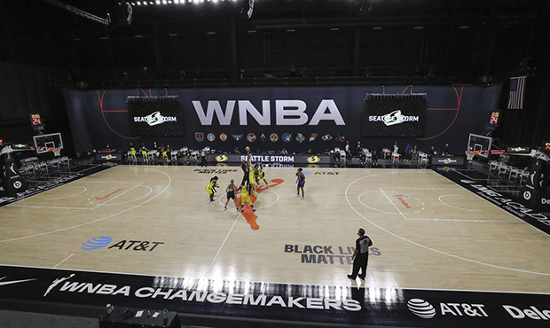 A general view of tipoff between Phoenix Mercury and Seattle Storm during the first half of a WNBA ...