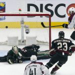 Colorado Avalanche's Matt Nieto (83) scores against Arizona Coyotes goalie Darcy Kuemper (35) during first-period NHL Western Conference Stanley Cup playoff hockey game action in Edmonton, Alberta, Monday, Aug. 17, 2020. (Jason Franson/The Canadian Press via AP)
