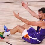 Phoenix Suns' Dario Saric reacts after being fouled against the Los Angeles Clippers during an NBA basketball game Tuesday, Aug. 4, 2020, in Lake Buena Vista, Fla. (Kevin C. Cox/Pool Photo via AP)