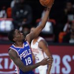 Philadelphia 76ers guard Shake Milton (18) goes to the basket during the first half of an NBA basketball game Tuesday, Aug. 11, 2020, in Lake Buena Vista, Fla. (AP Photo/Ashley Landis, Pool)