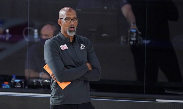 Phoenix Suns head coach Monty Williams watches play during the second half of an NBA basketball gam...
