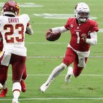 GLENDALE, ARIZONA - SEPTEMBER 20: Quarterback Kyler Murray #1 of the Arizona Cardinals runs with the football en route to scoring a 14 yard rushing touchdown against the Washington Football Team during the first half of the NFL game at State Farm Stadium on September 20, 2020 in Glendale, Arizona. (Photo by Christian Petersen/Getty Images)