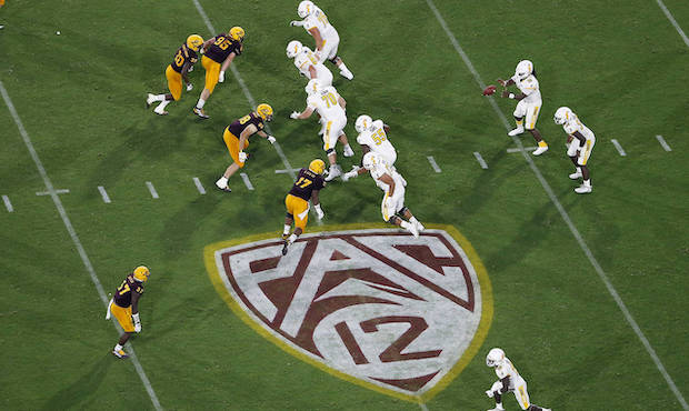 This Thursday, Aug. 29, 2019, file photo, shows the Pac-12 logo during the second half of an NCAA c...