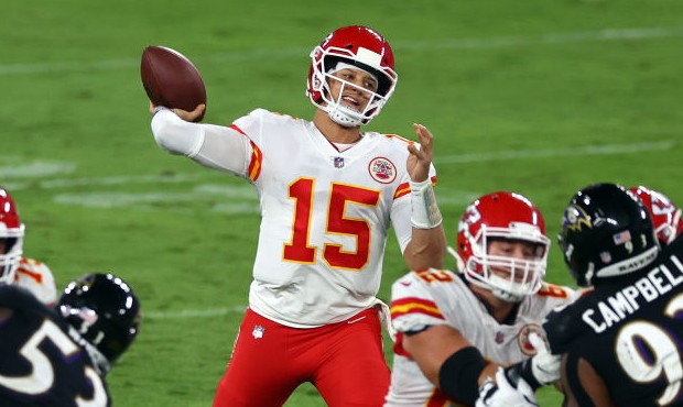 Patrick Mahomes #15 of the Kansas City Chiefs throws the ball during the game against the Baltimore...