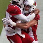 Arizona Cardinals quarterback Kyler Murray, left, celebrates with tight end Dan Arnold after scoring against the San Francisco 49ers during the second half of an NFL football game in Santa Clara, Calif., Sunday, Sept. 13, 2020. (AP Photo/Josie Lepe)
