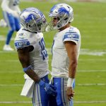 Detroit Lions wide receiver Kenny Golladay celebrate his touchdown catch with quarterback Matthew Stafford during the first half of an NFL football game against the Arizona Cardinals, Sunday, Sept. 27, 2020, in Glendale, Ariz. (AP Photo/Rick Scuteri)