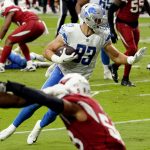 Detroit Lions tight end Jesse James (83) runs in for a touchdown after the catch during the first half of an NFL football game against the Arizona Cardinals, Sunday, Sept. 27, 2020, in Glendale, Ariz. (AP Photo/Rick Scuteri)
