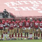 San Francisco 49ers players and coaches stand during a presentation on social justice before an NFL football game against the Arizona Cardinals in Santa Clara, Calif., Sunday, Sept. 13, 2020. (AP Photo/Josie Lepe)