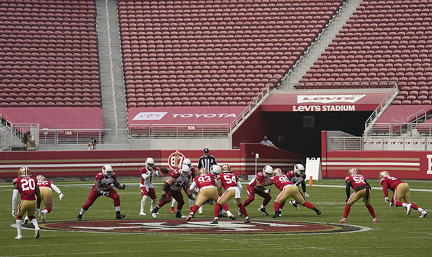 Empty seats at Levi's Stadium are shown as Arizona Cardinals quarterback Kyler Murray (1) takes the...