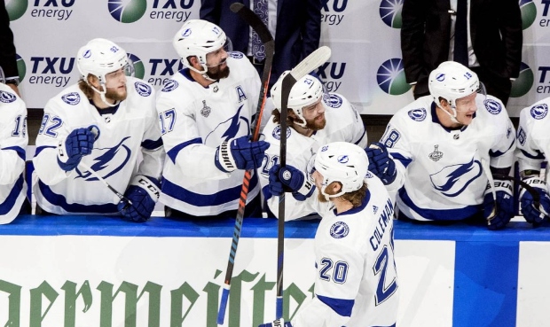 Tampa Bay Lightning's Blake Coleman (20) celebrates his goal against the Dallas Stars with teammate...