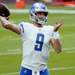 Detroit Lions quarterback Matthew Stafford (9) warms up prior to an NFL football game against the Arizona Cardinals, Sunday, Sept. 27, 2020, in Glendale, Ariz. (AP Photo/Rick Scuteri)