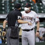 
              Arizona Diamondbacks manager Torey Lovullo, right, argues with umpire Adam Hamari, left, after Hamari ejected him during the fourth inning of a baseball game against the Houston Astros, Sunday, Sept. 20, 2020, in Houston. (AP Photo/Michael Wyke)
            