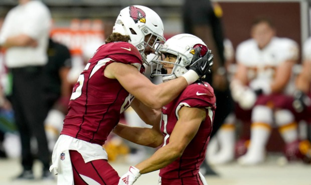 Arizona Cardinals wide receiver Andy Isabella, right, celebrates a first down with teammate Dan Arn...