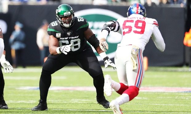 Kelvin Beachum #68 of the New York Jets in action against the New York Giants during their game at ...