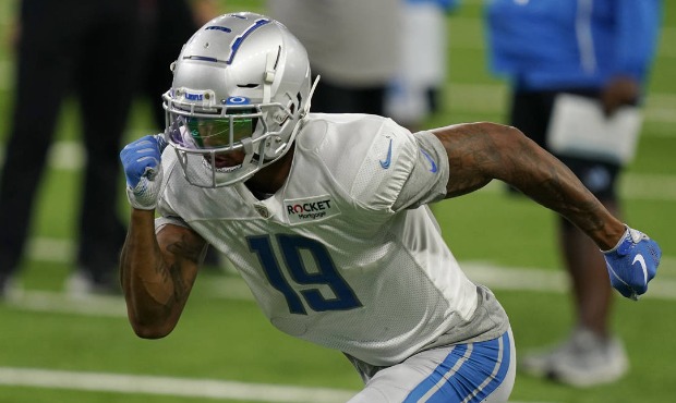 Detroit Lions wide receiver Kenny Golladay runs a drill at the Lions NFL football practice, Wednesd...