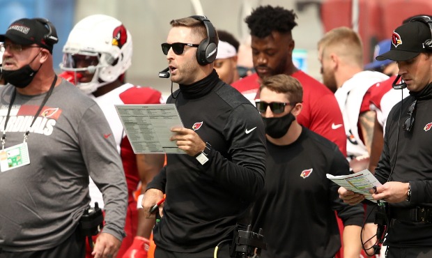Head coach Kliff Kingsbury of the Arizona Cardinals stands on the sidelines during their game again...
