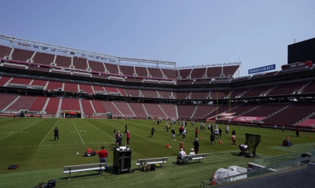 San Francisco 49ers work out at Levi's Stadium during NFL football practice in Santa Clara, Calif.,...