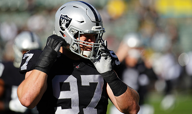 Josh Mauro #97 of the Oakland Raiders warms up prior to the game against the Jacksonville Jaguars a...